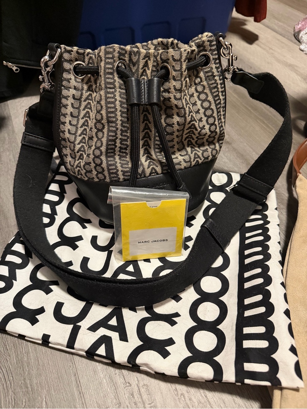 Marc Jacobs Jacquard & Leather Bucket Crossbody Bag Black/Tan with Dust Bag